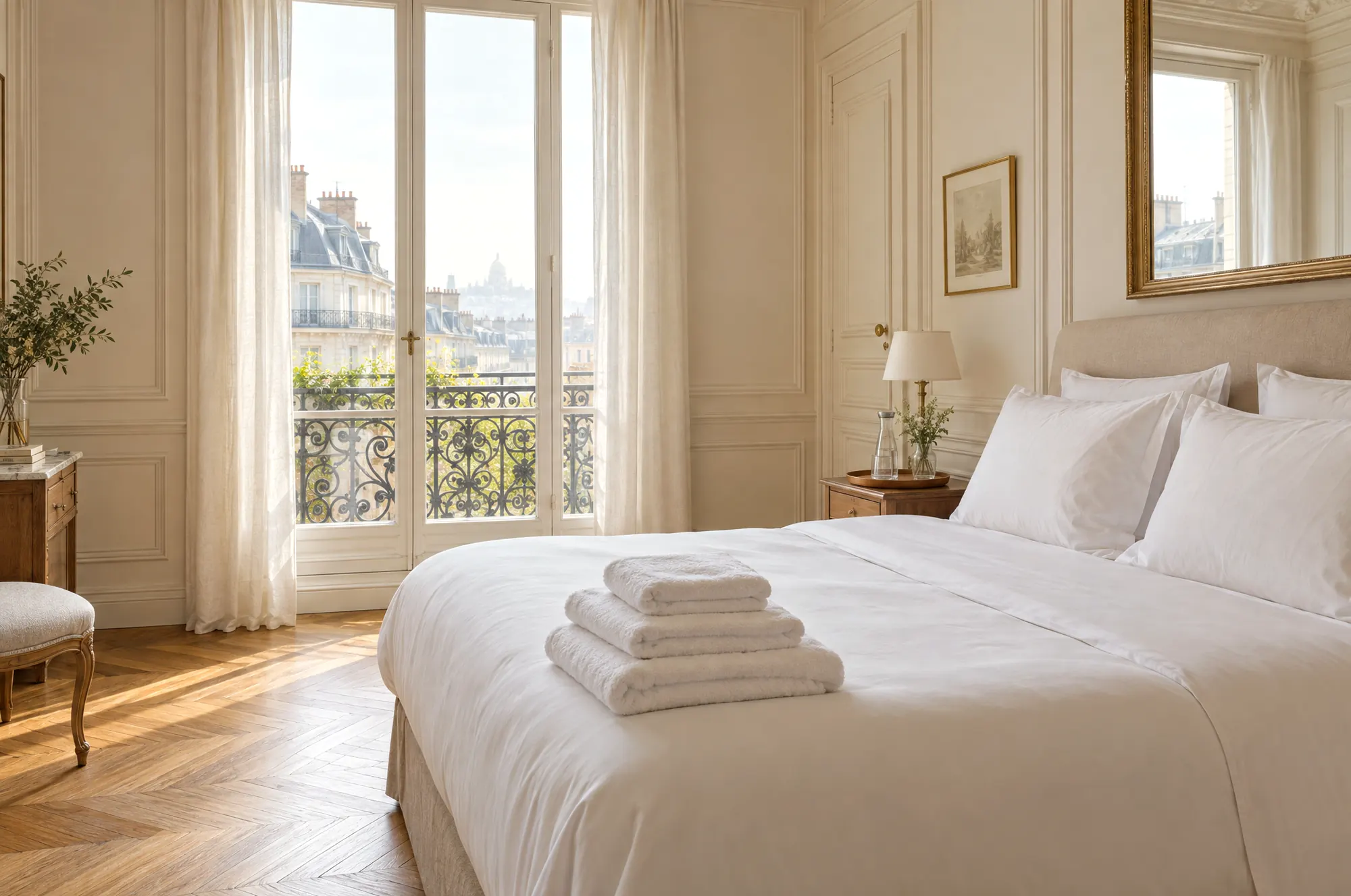 Chambre parisienne après un ménage Airbnb, lit refait en linge blanc, toits de Paris