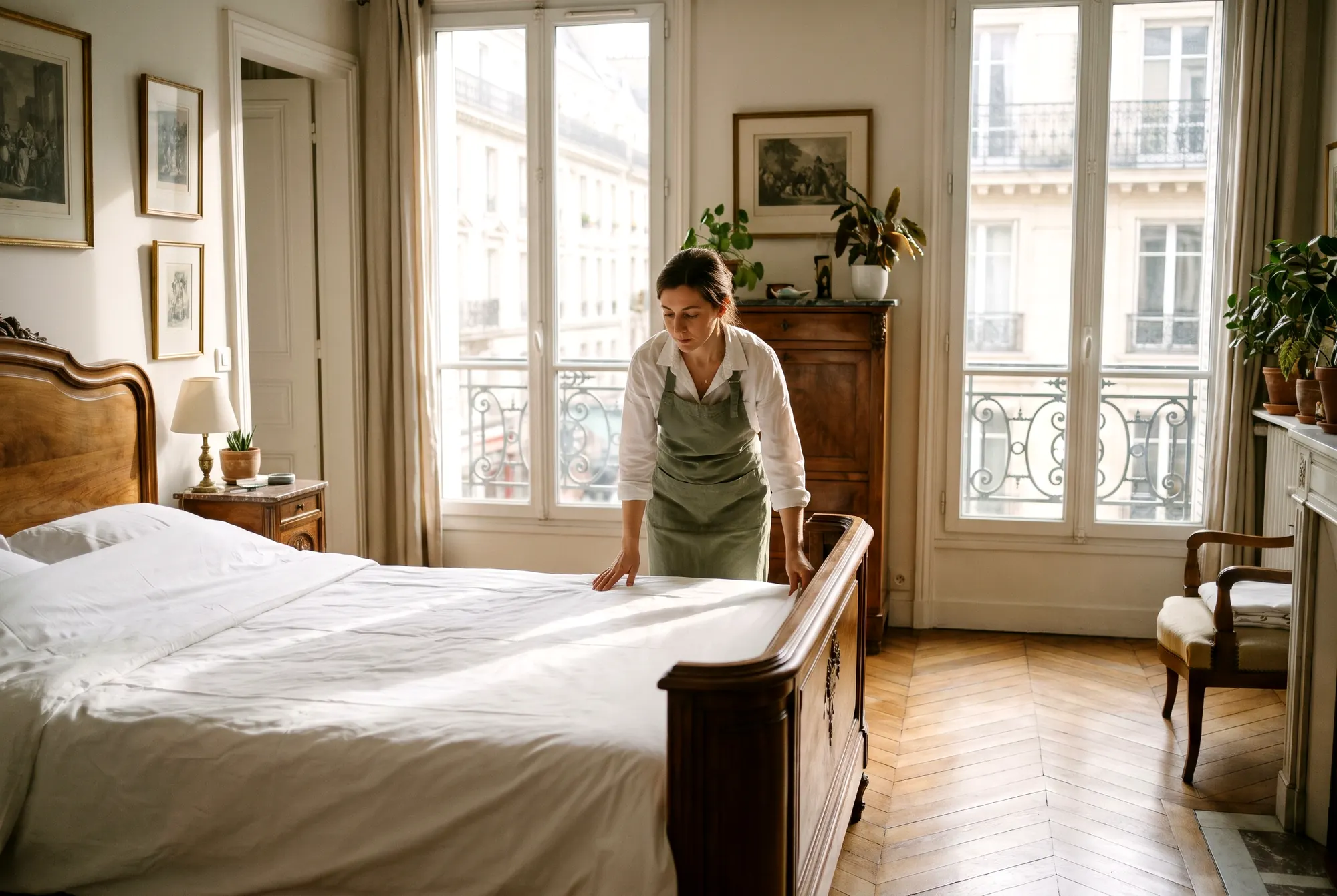 Une intervenante en tablier vert sauge lissant le linge d’un lit refait dans une chambre haussmannienne, ménage entre deux séjours